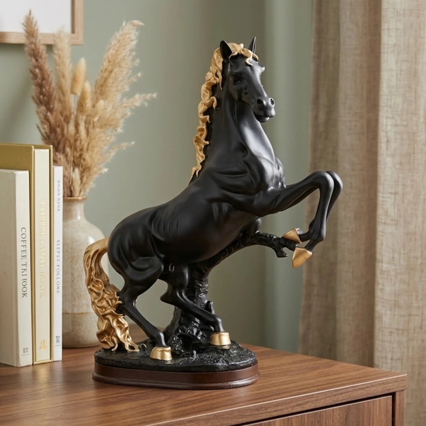 statue horse black & golden 16"x13" china