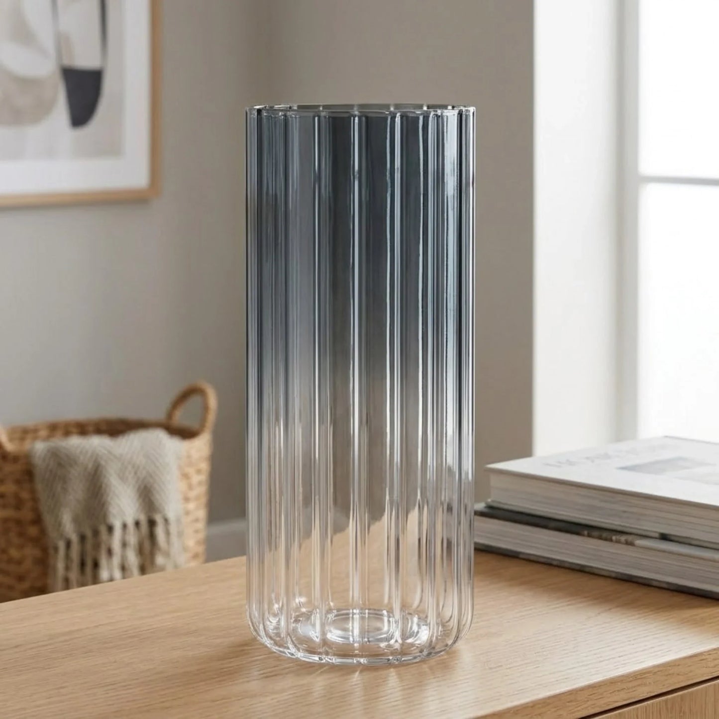 glass tube vase lines black shine large 9.5''x4" china