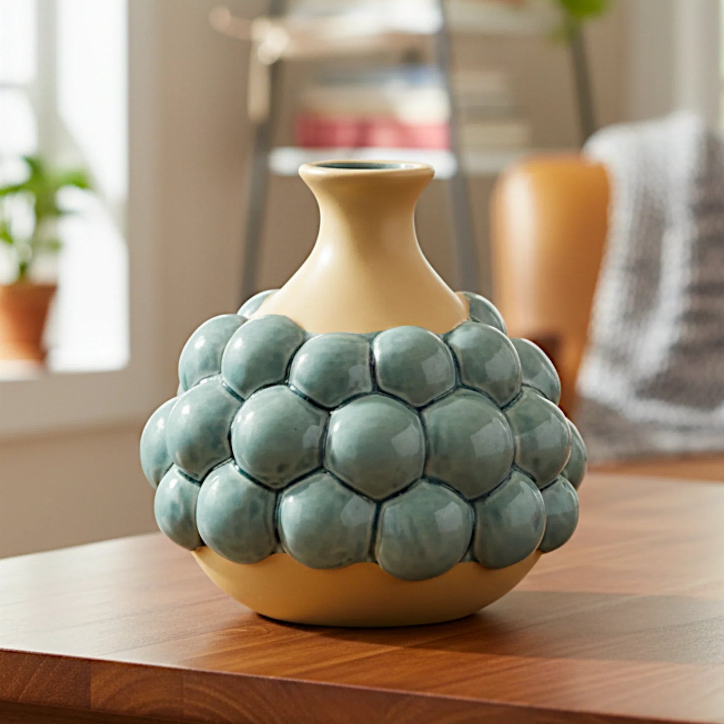 ceramic vase embosed textured bubbles green small 7"x6" china