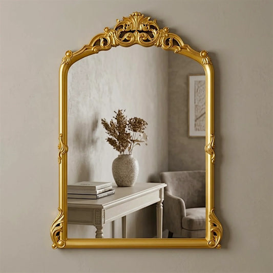 wall mirror resin gold baroque scrollwork crown arch frame 26''x18'' china