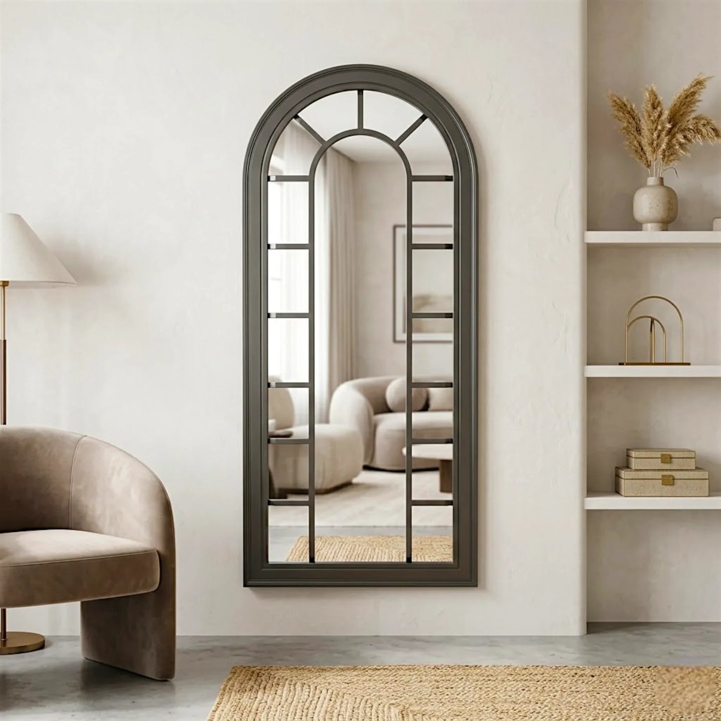 arch window pane wall mirror metal frame dark gray color 48''x18'' china