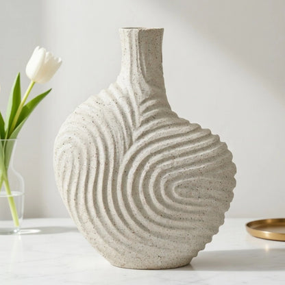 decorative asymmetric swirl groove ribbed vase ceramic beige color 7"x8" china
