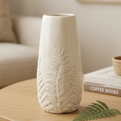 ceramic vase textured leaves white small 10''x4'' china