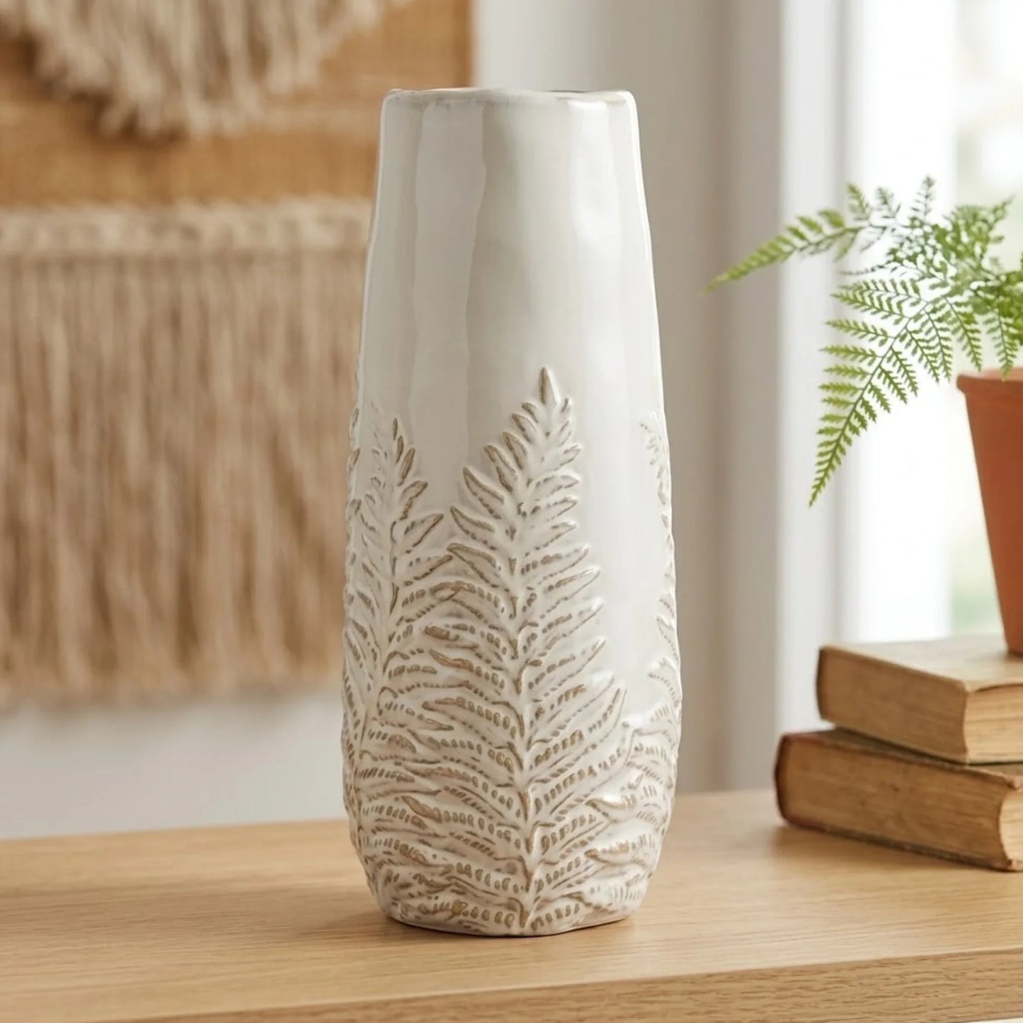 ceramic vase textured leaves white large 13''x4'' china