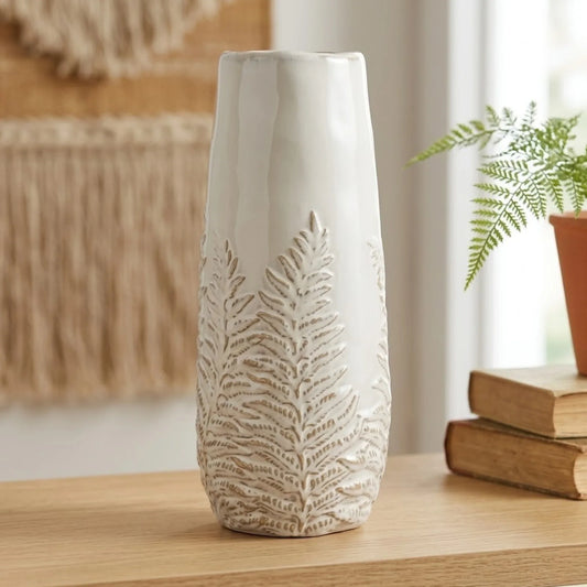 ceramic vase textured leaves white large 13''x4'' china