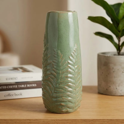 ceramic vase textured leaves green large 13''x4'' china