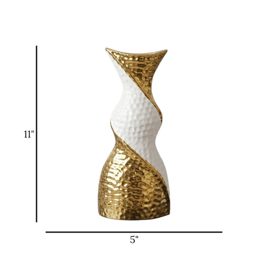 ceramic vase twisted white & golden small 11"x5" china