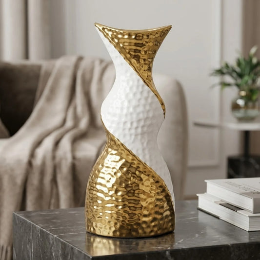 ceramic vase twisted white & golden small 11"x5" china