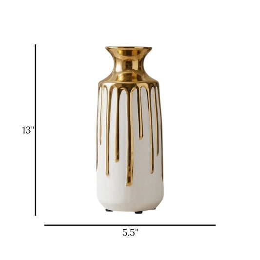 ceramic vase dripping gold white 13"x5.5" china