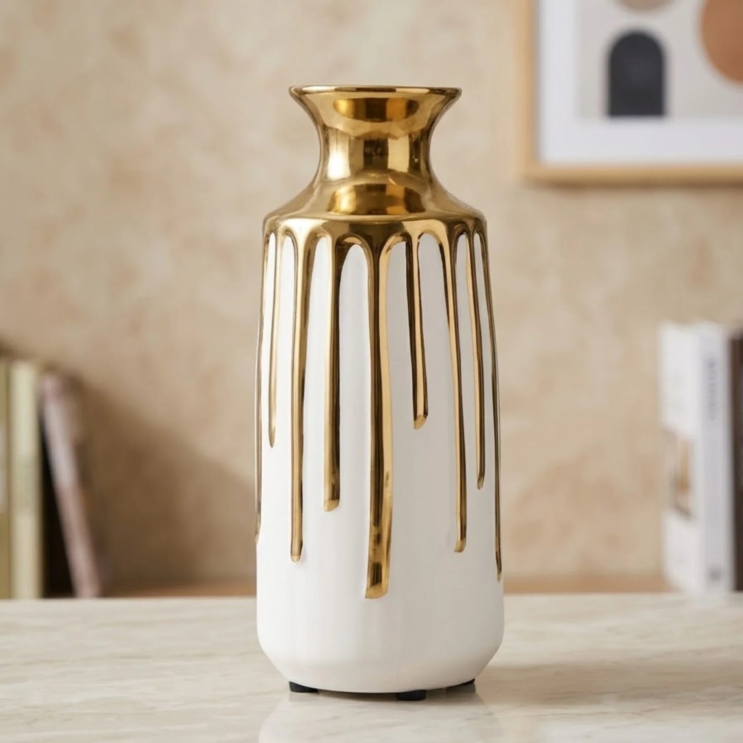 ceramic vase dripping gold white 13"x5.5" china