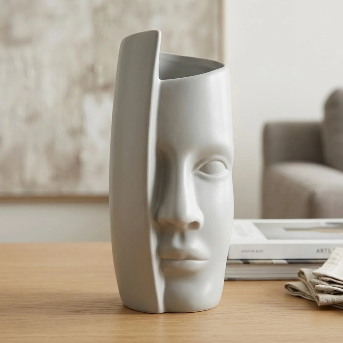 ceramic vase face sculpture grey large 8.5"x4" china