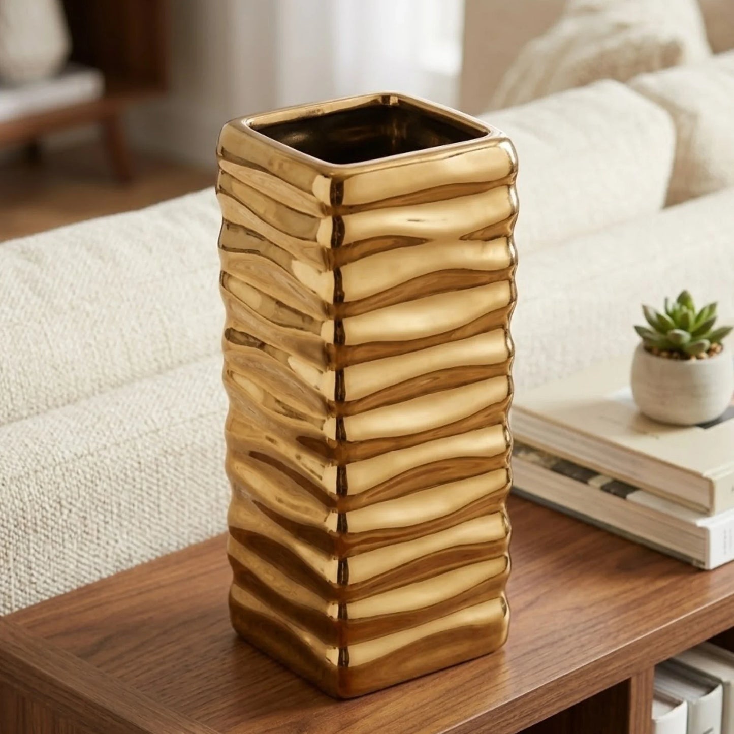 ceramic vase wavy lines rectangular bronze 7.5''x3'' china
