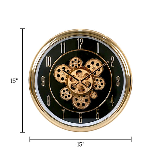 wall clock moving gear black & golden china 15"x15"