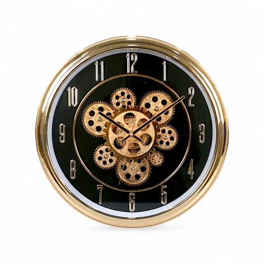 wall clock moving gear black & golden china 15"x15"