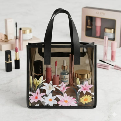 floral print transparent makeup pouch and cosmetic organizer bag pvc black 10"x9.5" china