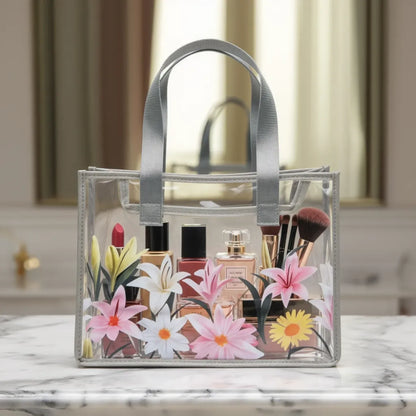floral print transparent makeup pouch and cosmetic organizer bag pvc silver 14"x10.5" china