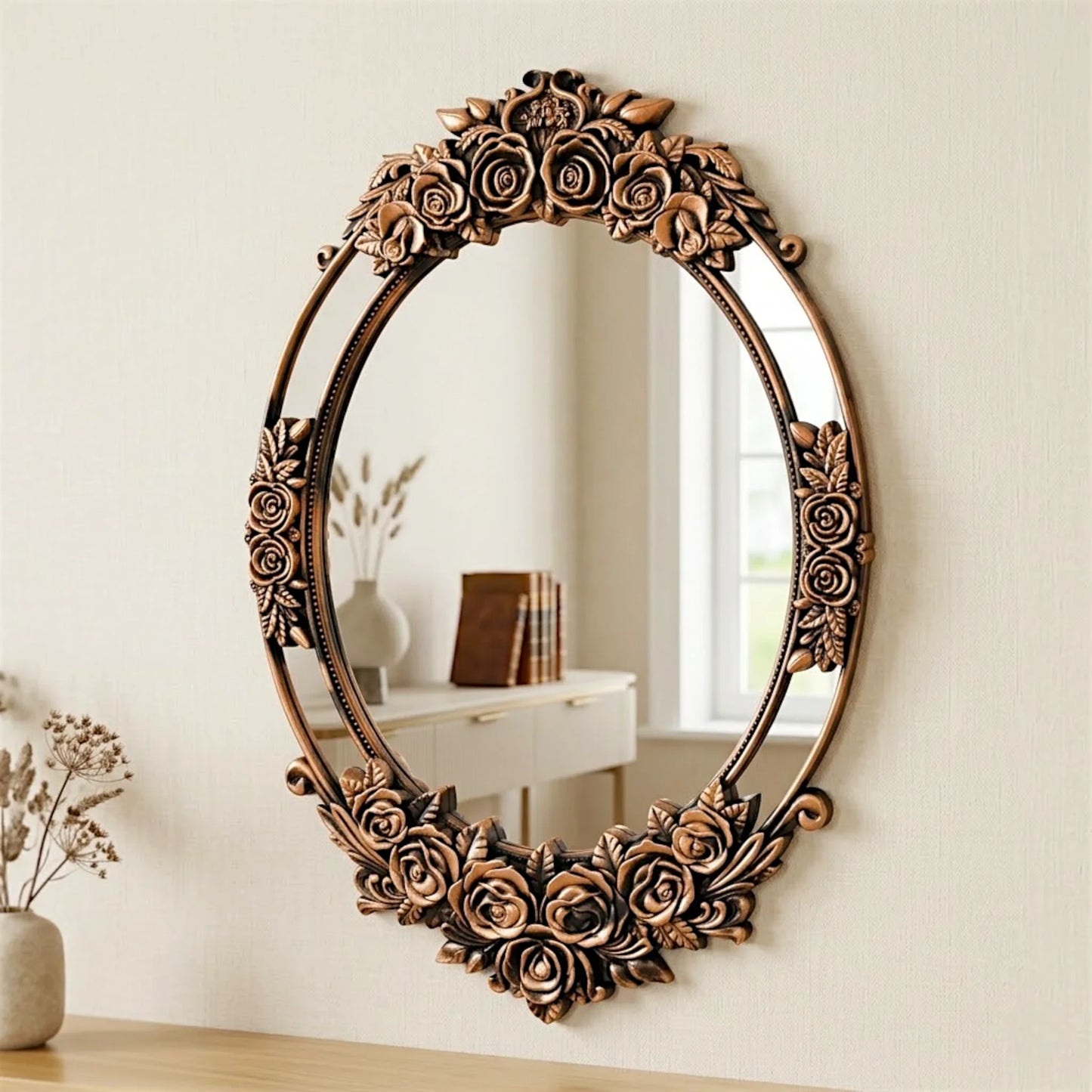 wall mirror resin bronze rose floral embossed frame oval 31''x21'' china
